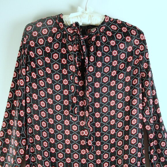 Sandro Paris Black Satin Red Floral Tie Neckline Lace Trim Mini Shift Dress 2 - Picture 2 of 6